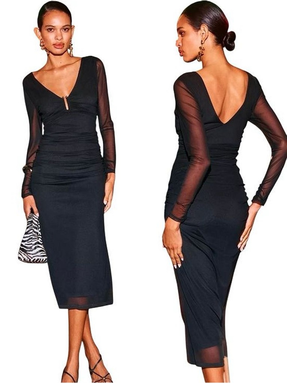 By Anthropologie Long Sleeve Black Sheer-Sleeve V-Neck Midi Dress with Hardware